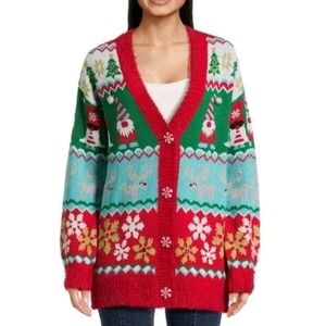 Ugly Christmas Sweater Gnome Reindeer Snowflake Tree Cardigan Size Medium